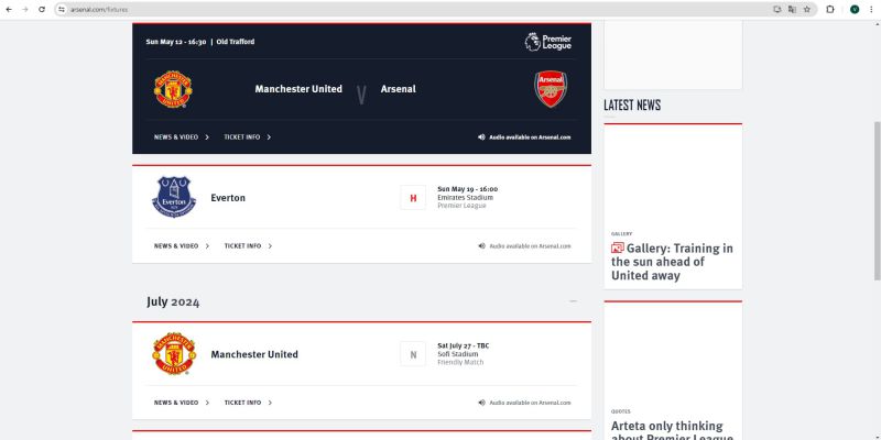Theo dõi lịch thi đấu Arsenal trên trang chủ câu lạc bộ