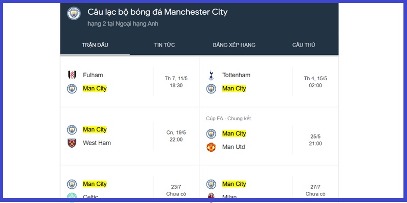 Cập nhật lịch thi đấu Man City mới nhất trong năm 2024